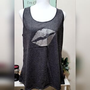 NEW Woman's Custom Made Gray Sleeveless Top with Silver Glitter Lip Design